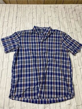 George Blue and White Plaid Short-Sleeve Button-Down Shirt